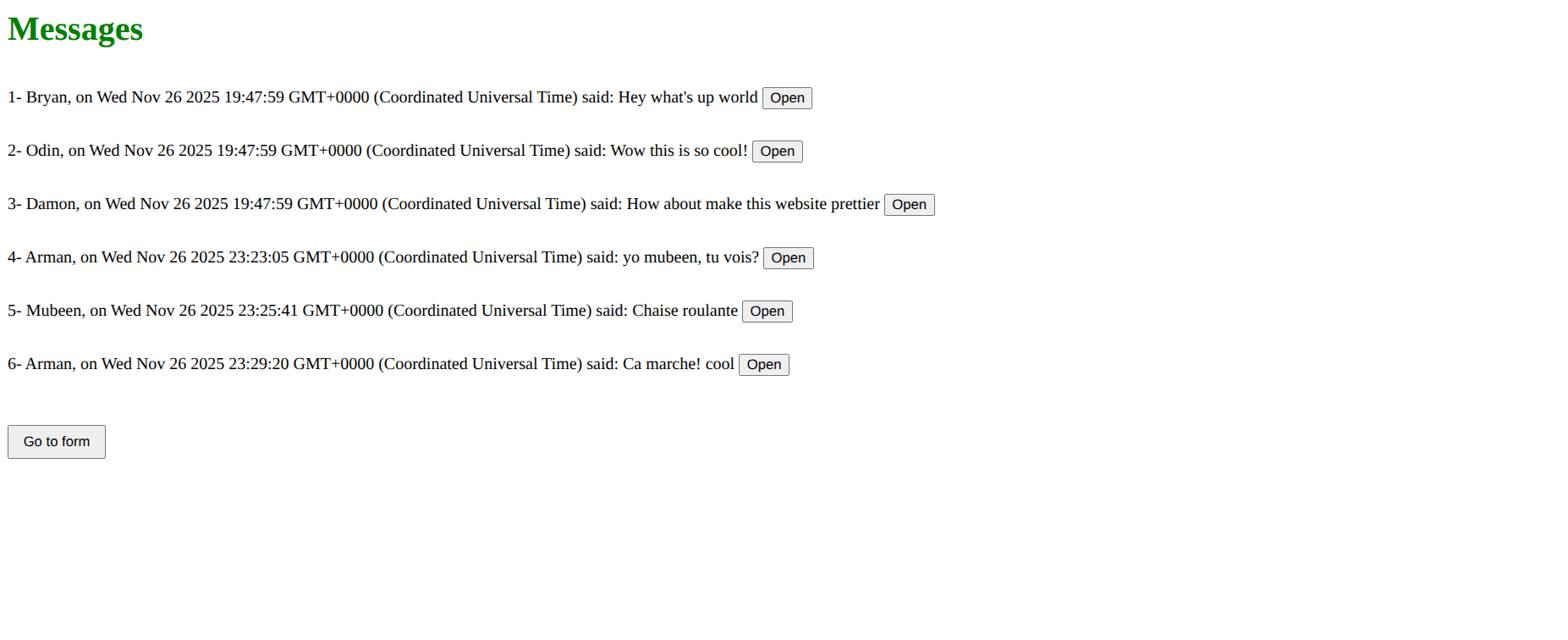 Screenshot of Mini Message Board website