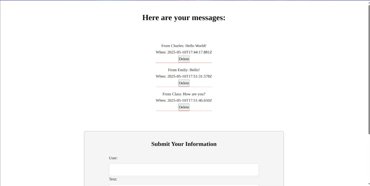 Screenshot of Mini Message Board website